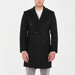 Plain Slim Fit Notch Collar Double Breasted Long Coat // Black (XL)