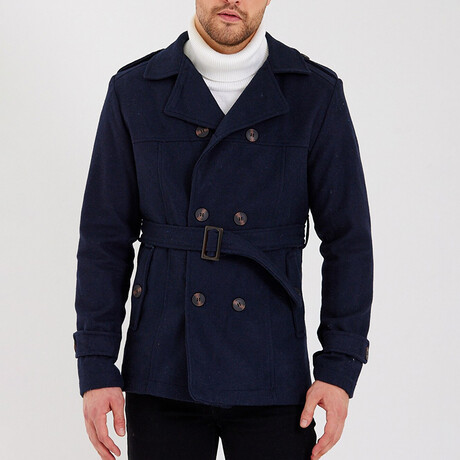 Epaulette Waist Belted Buttoned Plain Coat // Navy Blue (S)