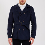 Epaulette Waist Belted Buttoned Plain Coat // Navy Blue (L)