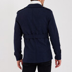 Epaulette Waist Belted Buttoned Plain Coat // Navy Blue (L)