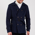 Epaulette Waist Belted Buttoned Plain Coat // Navy Blue (L)