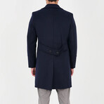 Plain Slim Fit Notch Collar Double Breasted Long Coat // Navy Blue (L)