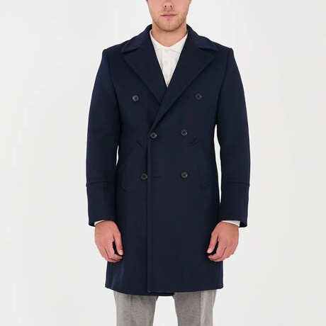 Plain Slim Fit Notch Collar Double Breasted Long Coat // Navy Blue (S)