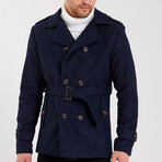 Epaulette Waist Belted Buttoned Plain Coat // Navy Blue (L)