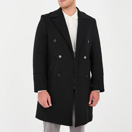 Plain Slim Fit Notch Collar Double Breasted Long Coat // Black (S)