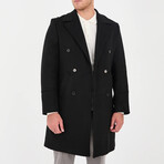 Plain Slim Fit Notch Collar Double Breasted Long Coat // Black (XL)