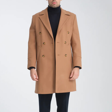 Plain Slim Fit Notch Collar Double Breasted Long Coat // Brown (S)