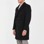 Plain Slim Fit Notch Collar Double Breasted Long Coat // Black (XL)