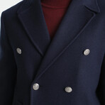 Plain Slim Fit Notch Collar Metal Button Double Breasted Coat // Navy Blue (M)