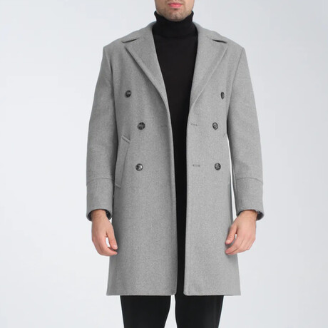 Plain Slim Fit Notch Collar Double Breasted Long Coat // Gray (S)