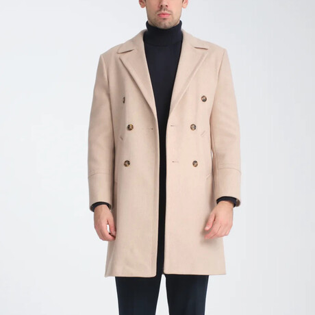 Plain Slim Fit Notch Collar Double Breasted Long Coat // Beige (S)