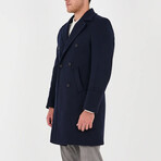 Plain Slim Fit Notch Collar Double Breasted Long Coat // Navy Blue (L)