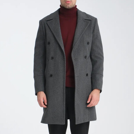 Plain Slim Fit Notch Collar Double Breasted Long Coat // Dark Gray (S)