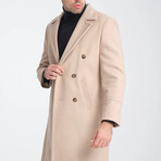 Plain Slim Fit Notch Collar Double Breasted Long Coat // Beige (M)