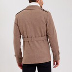 Epaulette Waist Belted Buttoned Plain Coat // Brown (M)