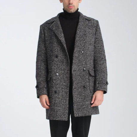 Plaid Slim Fit Notch Collar Double Breasted Coat // Dark Gray (S)