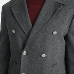 Plain Slim Fit Notch Collar Metal Button Double Breasted Coat // Dark Gray (S)