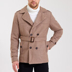 Epaulette Waist Belted Buttoned Plain Coat // Brown (M)