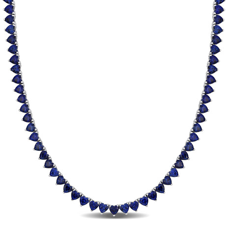 31 1/5ct TGW Created Blue Sapphire Heart Tennis Necklace // Sterling Silver