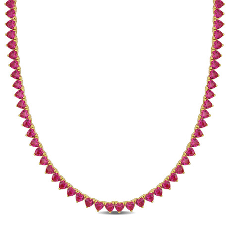 31 1/5ct TGW Created Ruby Heart Tennis Necklace // Yellow Plated Sterling Silver