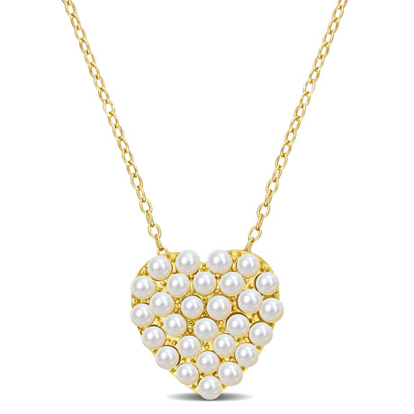 2-2.5mm Cultured Freshwater Pearl Cluster Heart Pendant w/ Chain // Yellow Plated Sterling Silver