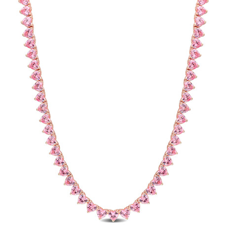 31 1/5ct TGW Created Pink Sapphire Heart Tennis Necklace // Rose Plated Sterling Silver