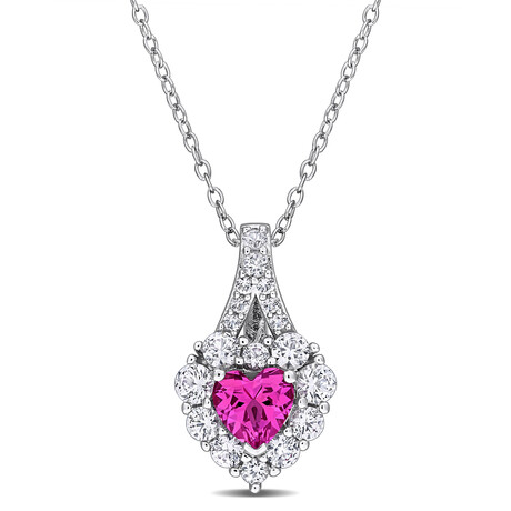 2 7/8ct TGW Created Pink & White Sapphire Halo Heart Pendant w/ Chain // Sterling Silver