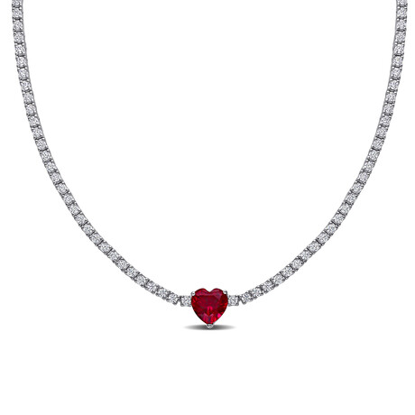 15 7/8ct TGW Created Ruby & Created White Sapphire Heart Necklace // Sterling Silver