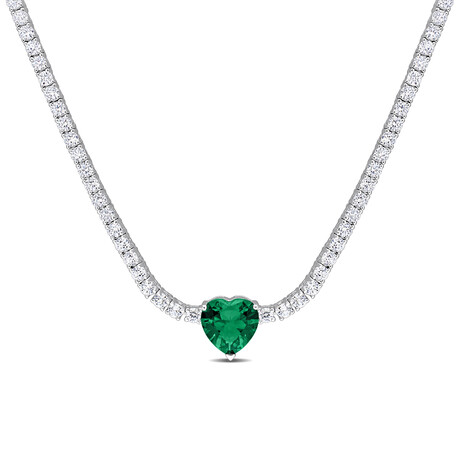 18ct TGW Green Cubic Zirconia & Created White Sapphire Heart Necklace // Sterling Silver