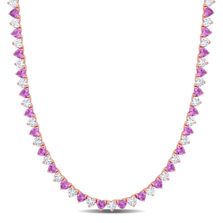 31 1/5ct TGW Created Pink & White Sapphire Heart Tennis Necklace // Rose Plated Sterling Silver