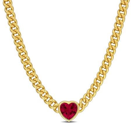 2 7/8ct TGW Created Ruby Curb Link Heart Necklace // Yellow Plated Sterling Silver