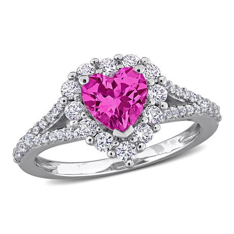 2 1/2ct TGW Created Pink & White Sapphire Halo Heart Split Shank Ring // Sterling Silver (5)