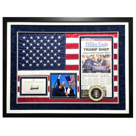 Donald Trump Autographed USA Flag Assassination Framed with Butler, PA Newspaper