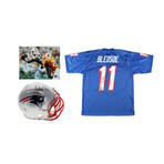 New England Patriots // Drew Bledsoe Signed Jersey + Signed Speed Mini Helmet + Stanley Morgan Signed 8x10 Photo