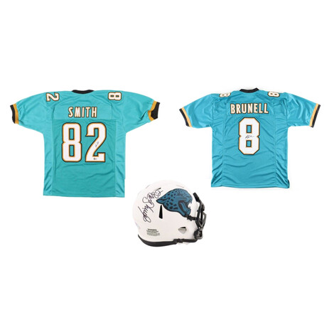 Jacksonville Jaguars // Jimmy Smith Signed Lunar Eclipse Alternate Speed Mini Helmet + Signed Jersey + Mark Brunell Signed Jersey