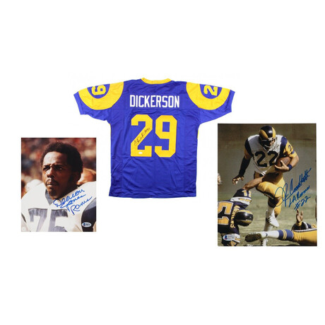 Los Angeles Rams // Deacon Jones Signed 8x10 Photo + Eric Dickerson Signed Jersey + John Cappelletti Signed 8x10 Photo