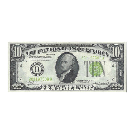 1934 $ 10 Federal Reserve New York Light Green Seal Low Serial Number # 309