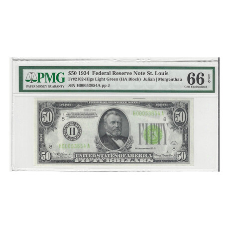 1934 $ 50 Federal Reserve Philadelphia Light Green Seal PMG 66 Low Serial number # 854