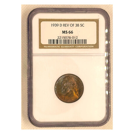 1939 D Reverse 1938 ERROR Jefferson Nickel Iridium Toning NGC 66 # 012