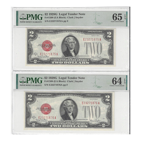 1928 G $ 2 Legal Tender 2 con PMG 65 and PMG 64 # 875 - 876 ( light inking)