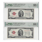 1928 G $ 2 Legal Tender 2 con PMG 65 and PMG 64 # 875 - 876 ( light inking)