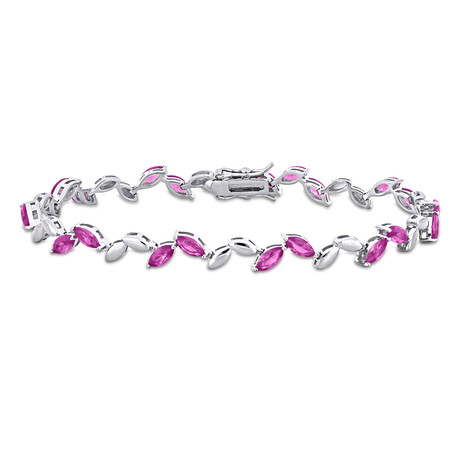 9 1/2ct TGW Created Pink Sapphire Leaf Bracelet in Sterling Silver // 7.75 in