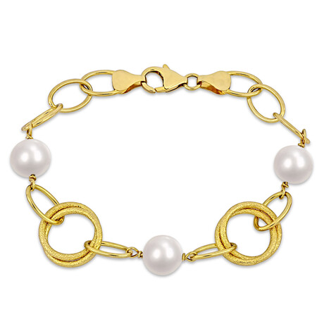 9-10mm Cultured Freshwater Pearl and Circle Rings Bracelet in Yellow Plated Sterling Silver // 7.75 in