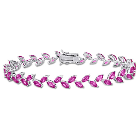 12ct TGW Created Pink Sapphire Leaf Bracelet in Sterling Silver // 7.25 in