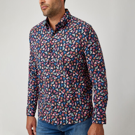 Fancy Moth Print Button-Up Shirt // Navy (XS)