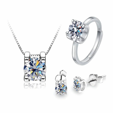 Moissanite Set of 4 // 1ct Moissanite Ring + 1ct*2 Moissanite Earrings + 1 Carat Pendant with Necklace 18k White Gold Plating //  White