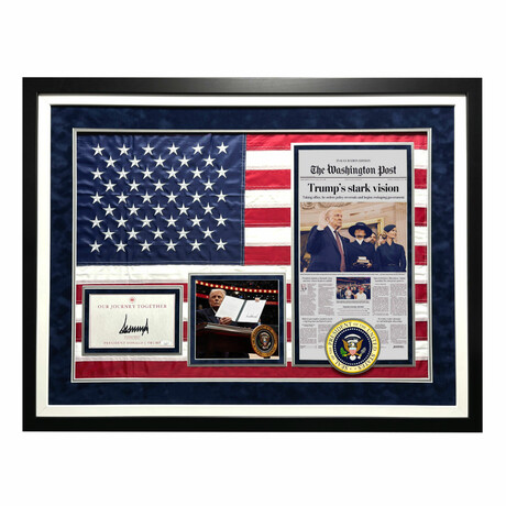 Donald Trump Autographed 2025 Inauguration USA Flag Framed w/ Actual Newspaper