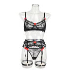 4 Piece Lingerie Lace Set Tempting Bows // Black (L)