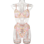 3 Piece Embroidered Lingerie Set Blooming Elegance // Pink (L)