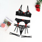 4 Piece Lingerie Lace Set Tempting Bows // Black (L)